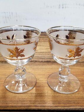 Vintage Cordial Glasses Libby Cocktail Gold Leaf Frosted Goblets